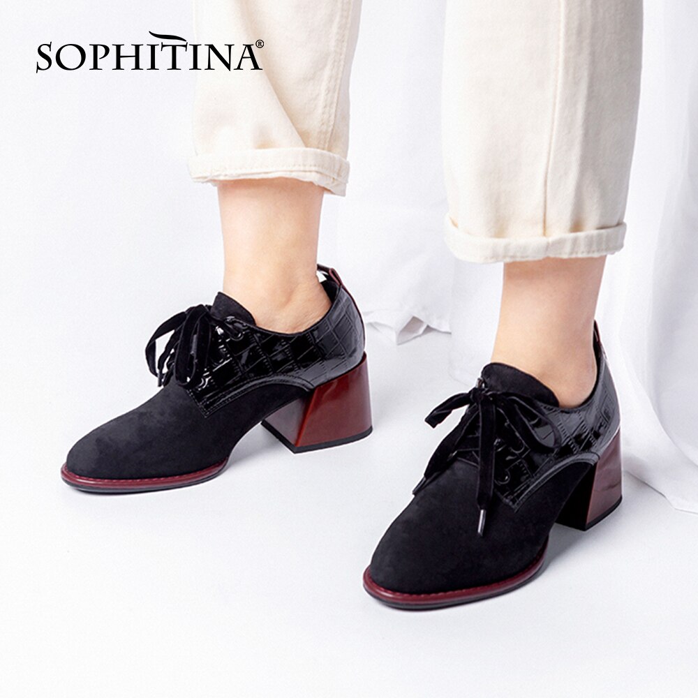 Sophitina kortfattet damepumps spring rund tå tykke hæle kontor karriere pumps snøre sorte sko kvinder  by241