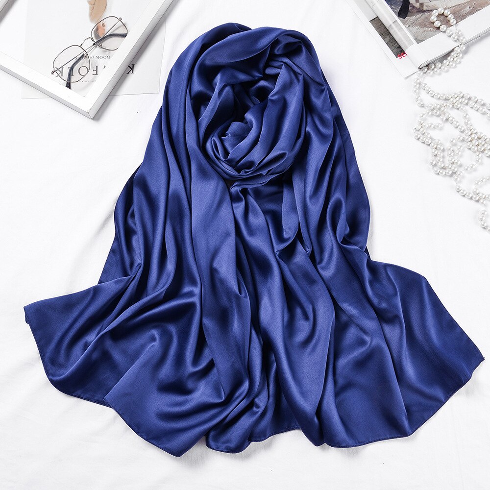 Lange tørklæder sjaler ensfarvet silke satin hijab tørklæde til kvinder halstørklæde kvindelige 70*190cm store poncho tørklæder til damer: Blå