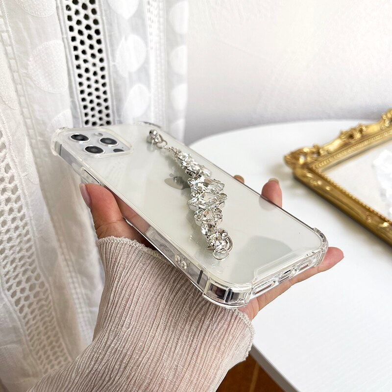 Qianliyao Strass Ketting Telefoon Case Voor Iphone 12 Mini 11 Pro Max 7 8 Plus X Xr Xs Se gevallen Armband Clear Bescherm Cover