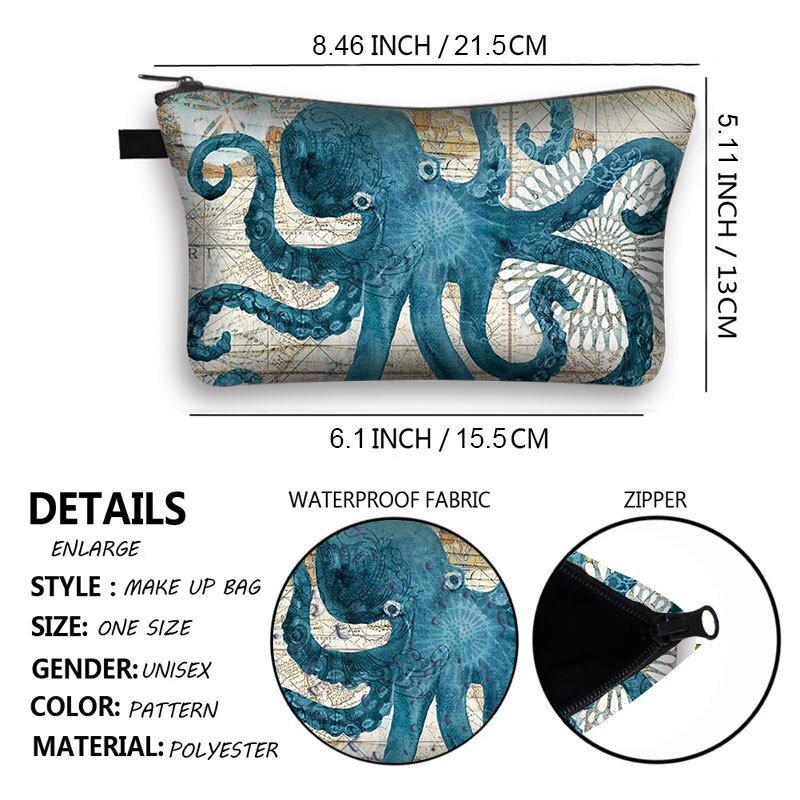 Bolsa de cosméticos con estampado de pulpo/tortuga marina/caballito de mar, estuche de cosméticos para mujer, bolsas de maquillaje para mujer, estuche de maquillaje de viaje