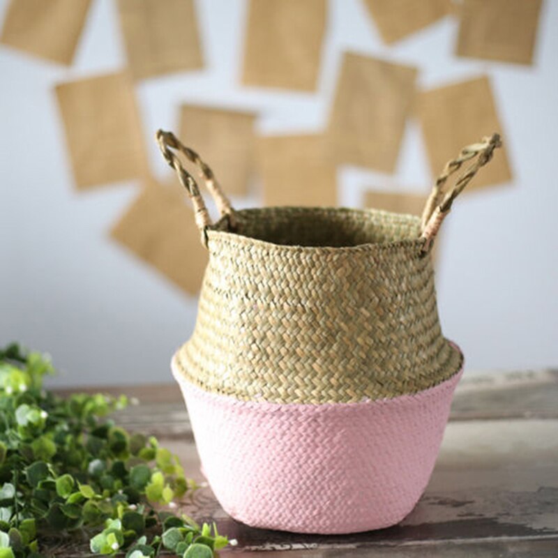 Mini Bambus Lagerung Körbe Faltbare Wäsche Stroh Patchwork Weide Rattan Seegras Bauch Blumentopf Pflanzer Handgemachte Korb