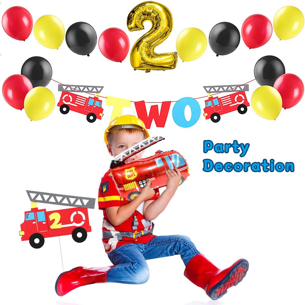 Party Supplies 42Pcs Firefighter Themed Fireman Two Year Old Party Fire Truck Banner Cake Topper Balloon Decoration for Kids