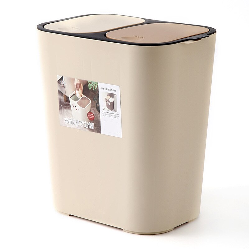 Cubo de basura de doble cubierta, clasificación, contenedor de separación húmedo y seco para cestas de basura de cocina TN99: Beige