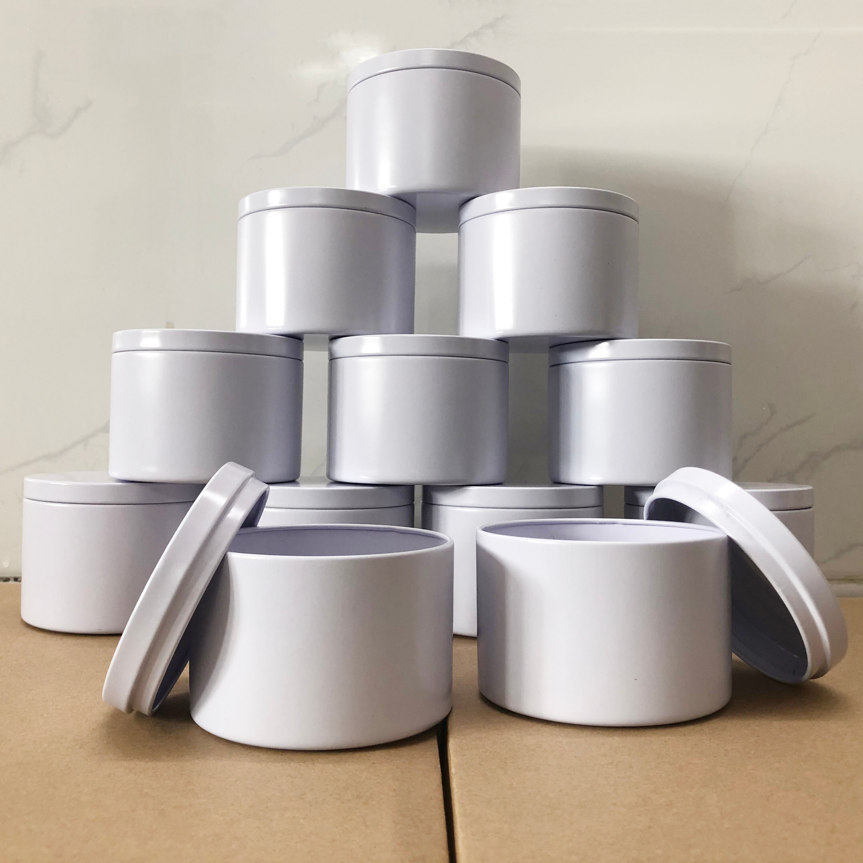 200Ml Luxe Kaars Potten Met Houten Patroon Deksel Bulk Ronde Kaars Container Tins Lege Snoep Opbergdoos Cosmetische Pot zwarte Goud: 12pcs white