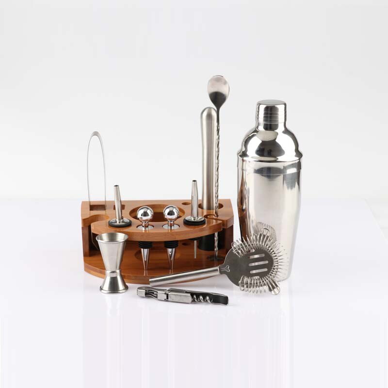 Cocktail Making Set Cocktail Shaker Stainless Steel Cocktail Mixing Kit With Bamboo Display Stand 750ml