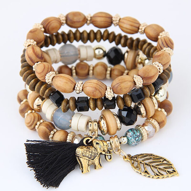 Europese en amerikaanse retro sieraden etnische log kralen kwast baby olifant blad stretch armband set vrouwelijke armband voor vrouwen