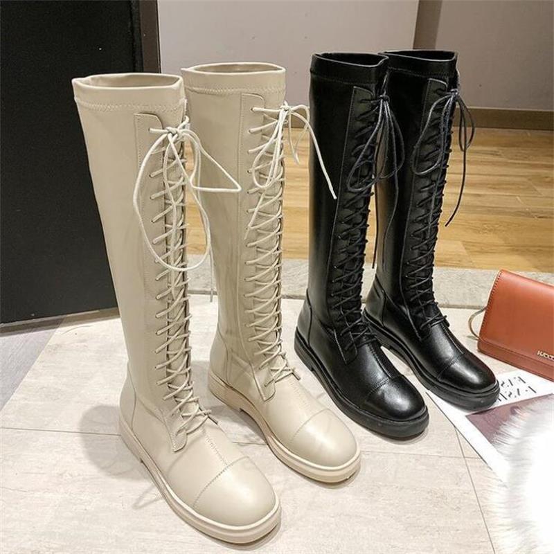 Botas altas de otoño e invierno con tiras delanteras juveniles, impermeables, transpirables, botas elásticas para mujer que aumentan la altura.