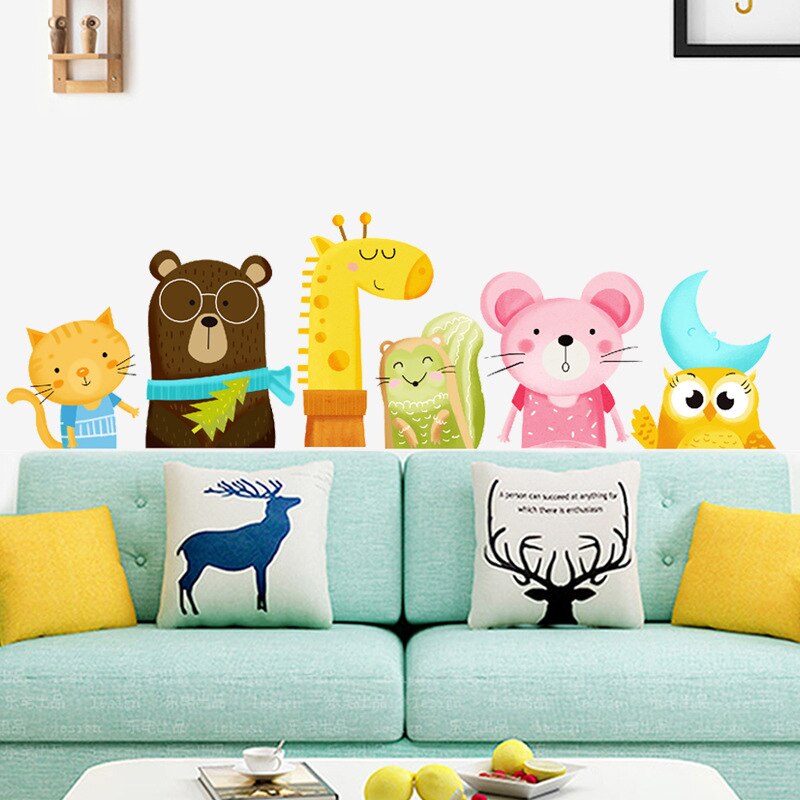 Cartoon Dier Beer Giraffe Kat Uil Mouse Muurstickers Voor Kinderkamer Slaapkamer Nursery Verwijderbare Muurstickers Home Decoratie