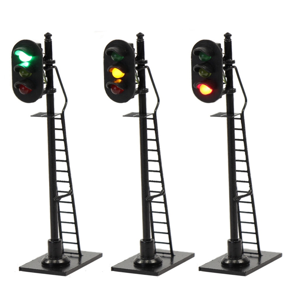 3pcs Model Railway 1:87 Red Yellow Green Block Signal Traffic Signal HO Scale 6.3cm Traffic Light Black Post with Ladder