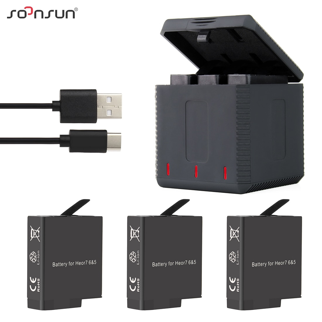 SOONSUN 3 Pack Batterijen met Triple Batterij Opladen Lader Doos + Type-C Kabel voor GoPro Hero 8 7 6 5 zwart Go Pro 8 Accessoire