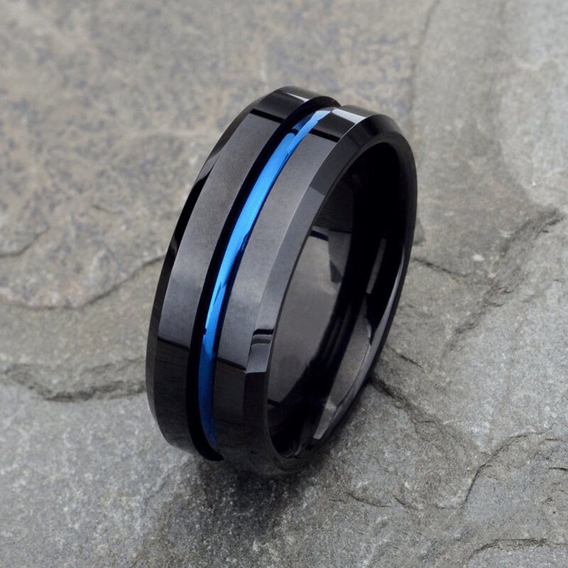 8mm spår män ring blå spår svart kant rostfritt stål ring charm herr bröllopssmycken