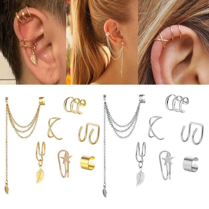 7Stck Ohrringe Schmuck Persönlichkeit Metall Ohr Clip Blatt Quaste Ohrringe für Frauen Pendientes Ohr Manschette Gefangen in manschetten