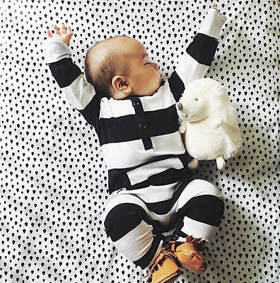 Mooie Zuigelingen Baby Meisjes Jongens Kleding Lange Mouw Rompertjes Wit Zwart Gestreepte Bebes Kleding Outfits 0-3Y