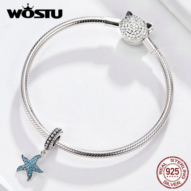 WOSTU Blau Stein Seesterne Schwimm Baumeln Charme 925 Sterling Silber CZ Perlen passen Original Armbinde Anhänger DIY Schmuck FIC1210