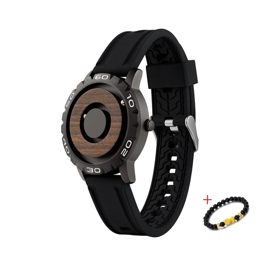 Houten Magnetische Bal Quartz Heren Horloge Eutour Heren Horloge Siliconen Band Horloge Mannen Waterdichte Sport Horloges: Black