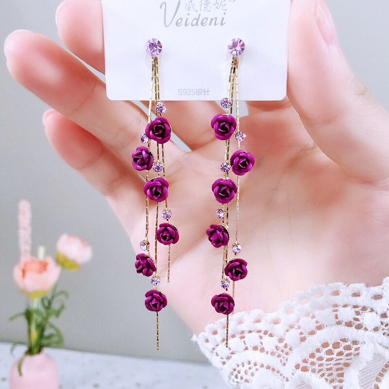 Pendientes colgantes bohemios de nueva flor para mujer, aretes largos a la con borlas y flores de diamantes de imitación, joyería para y boda,: Vino tinto