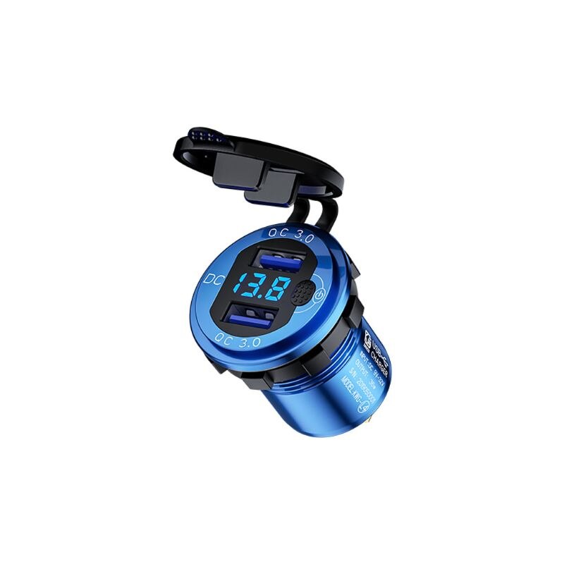 Caricabatterie rapido per auto doppio USB QC3.0 in alluminio 12V/24V con interruttore voltmetro: Blue