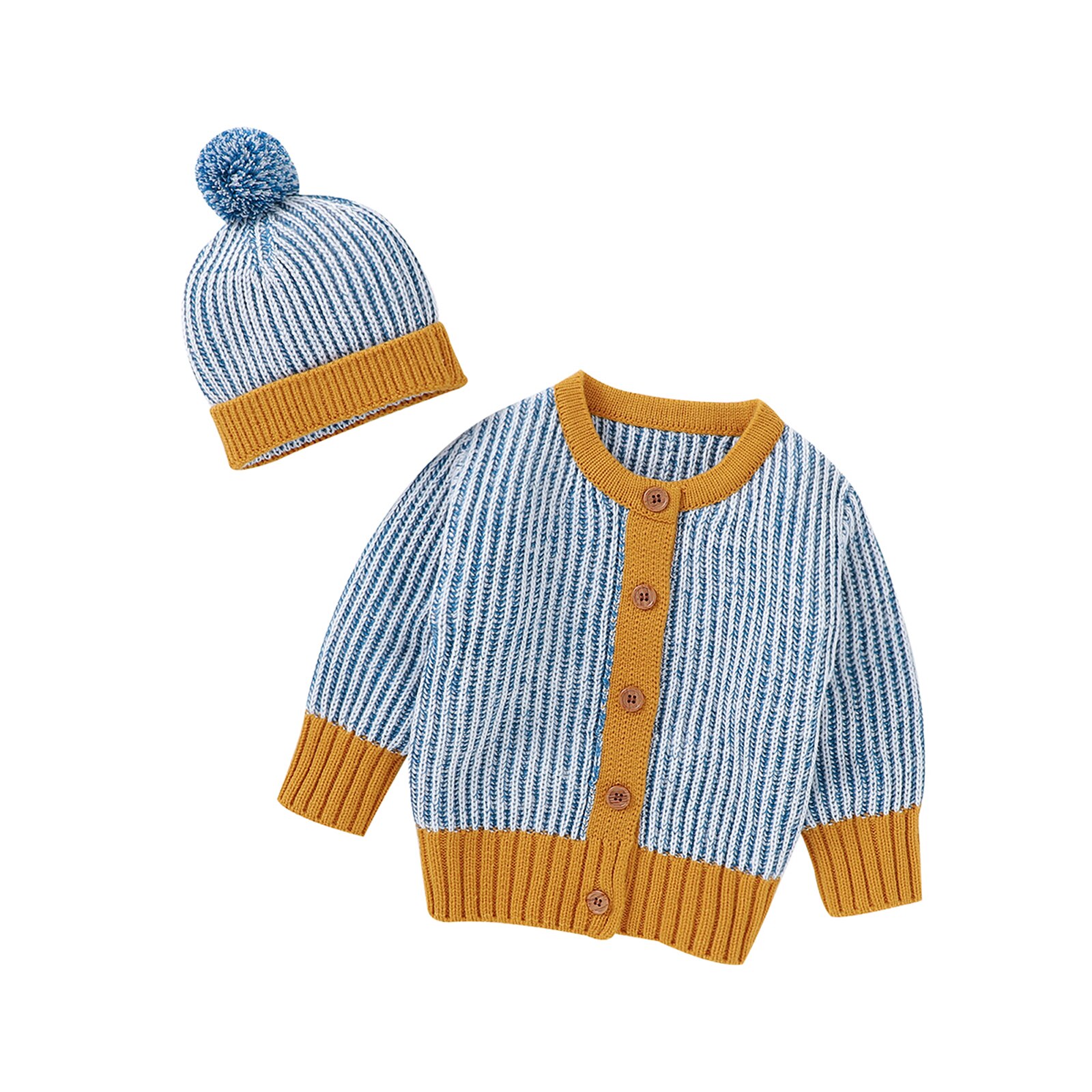 0-18M Casual Peuter Baby Jongen Meisje Jassen + Hat Winter Fall Gestreepte Gebreide Knop Lange Mouw top Uitloper Trui: B / 12m