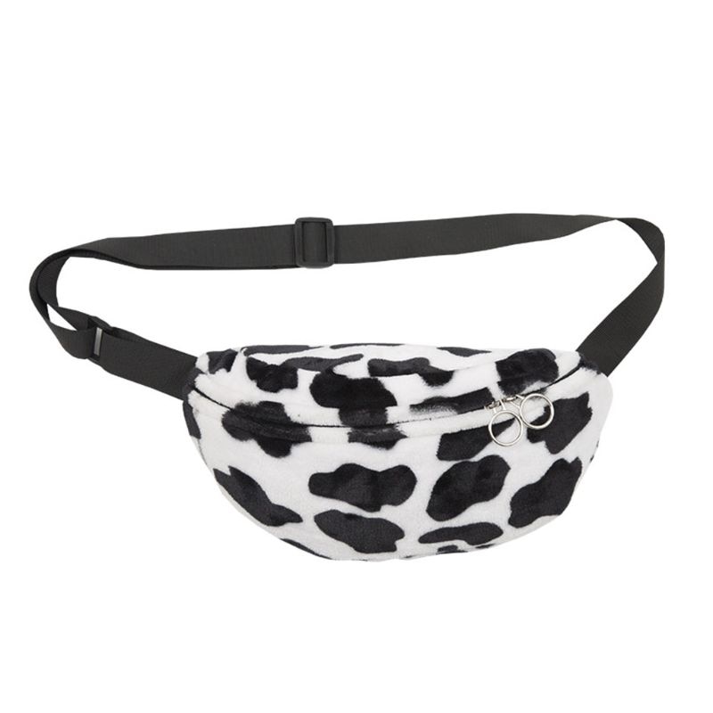 Kvinder ko print plys talje taske fanny pack pose sportsbælte hofte bryst crossbody skulder pung