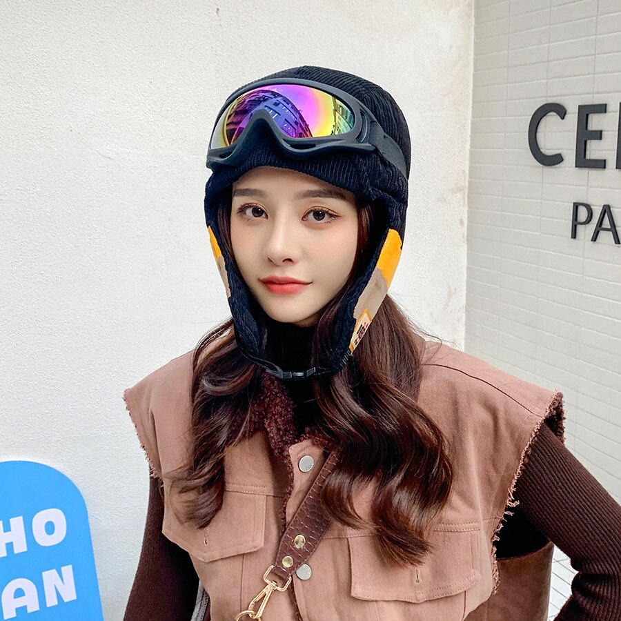 Yqyxcy russische hoed dames winter bomber hoeden met bril gehoorbescherming dikke warme muts gorras russische pet sneeuw gorros: Zwart