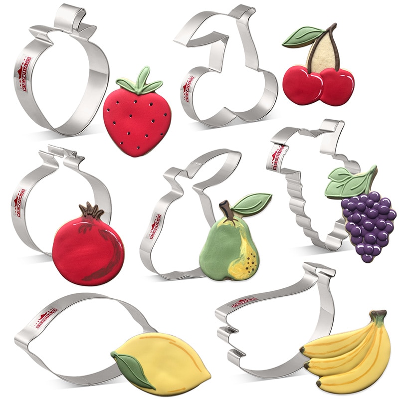 Keniao Fruit Cookie Cutter-Aardbei, Peer, Citroen, Druif, Granaatappel, Cherry, banaan Biscuit Fondant Snijders-Rvs