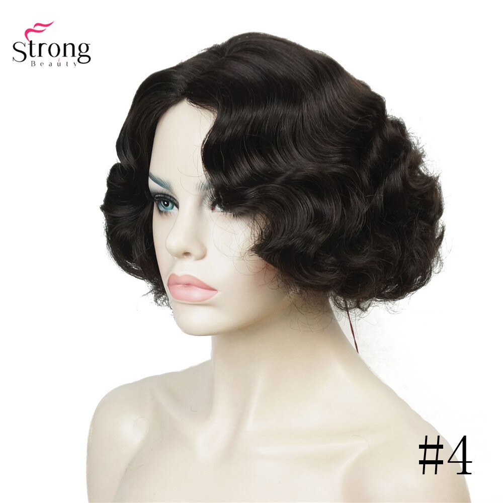 Strongbeauty finger wave frisyrer kort svart hår peruk lockigt syntetiskt