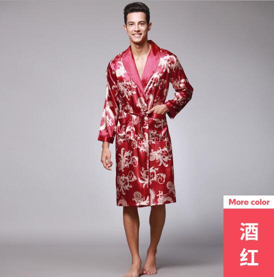 Fdfklak vår höst kimono herr badrock långärmad tryck nattkläder morgonrock herr nattkläder badrock man bata hombre: Vin, röd / L