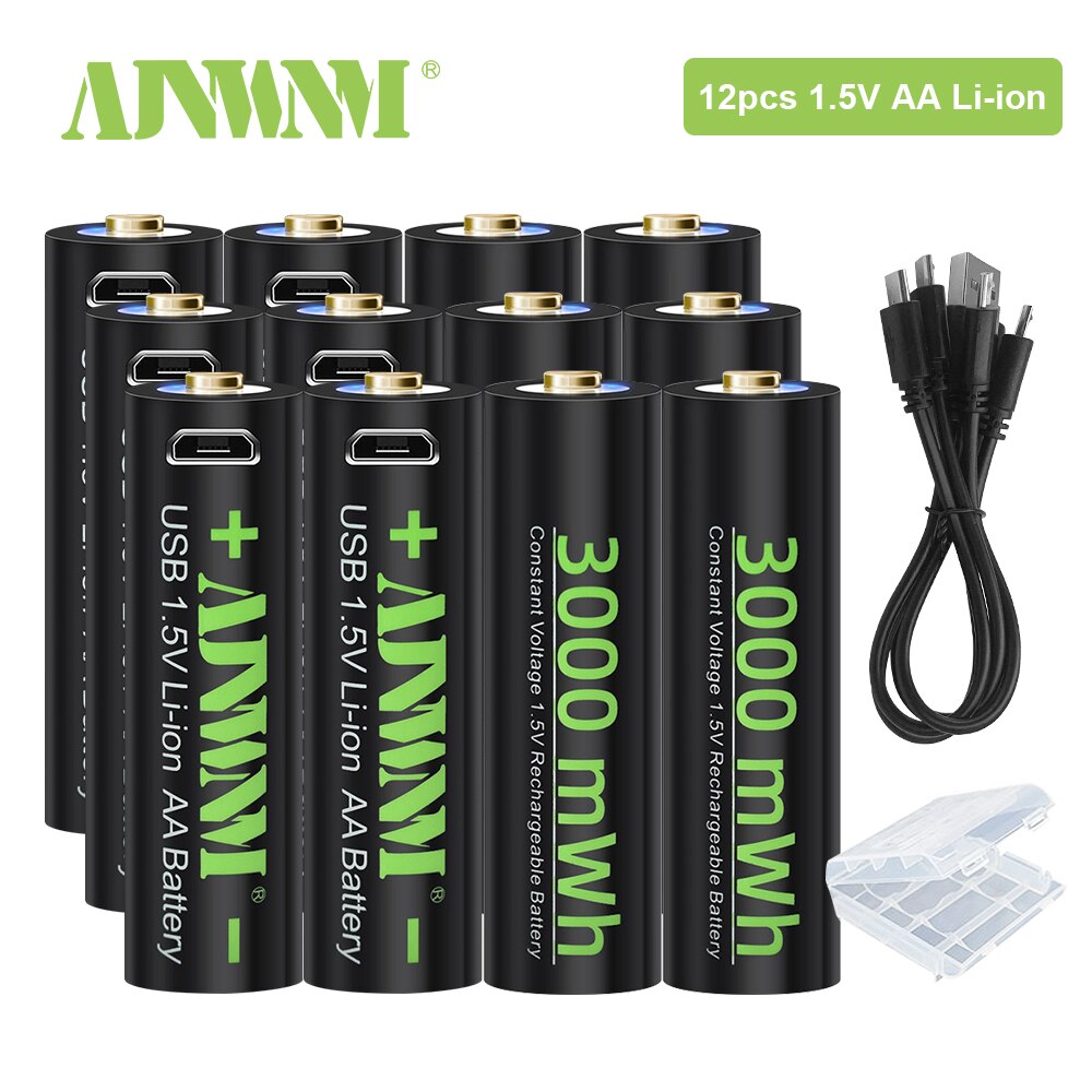 Ajnwnm 1.5v aa usb genopladeligt li-ion batteri 3000 mwh batterier aa til fjernbetjening trådløs mus + usb kabel: 12 stk aa batteri