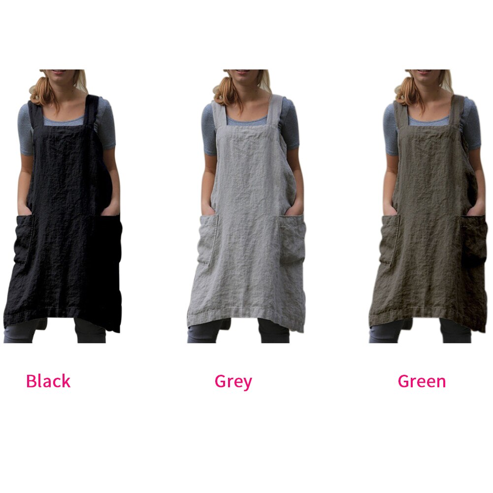 Women Bib Apron Kitchen Solid Florist Home Cooking Sleeveless Cotton Linen Cleaning Chef Household Baking Washable Pinafores