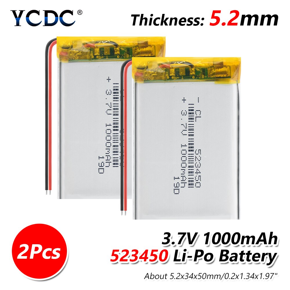 Batería Lipo para MP3 y MP4, recargable vía Baterías de polímero de litio, de 2/4 mAh, 523450 V, 1000mAh, duradera, de 3,7 mAh, 1/1000 Uds.: 2 pieces