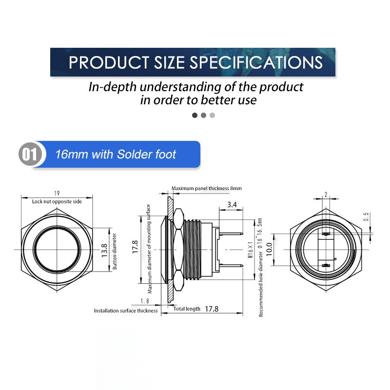 16mm With Soldering Pin No Wire Metal Indicator Light Waterproof LED power Warning Round Signal Lamp 3V 6V 12V 24V 110V 220V