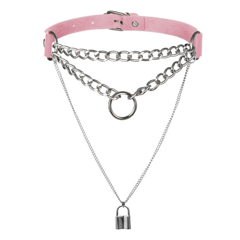 Collier multi-couches, serrures gothiques, boucles de cou rondes, Punk, ras du cou, pendentifs, chaîne, bijoux pour femmes: pink