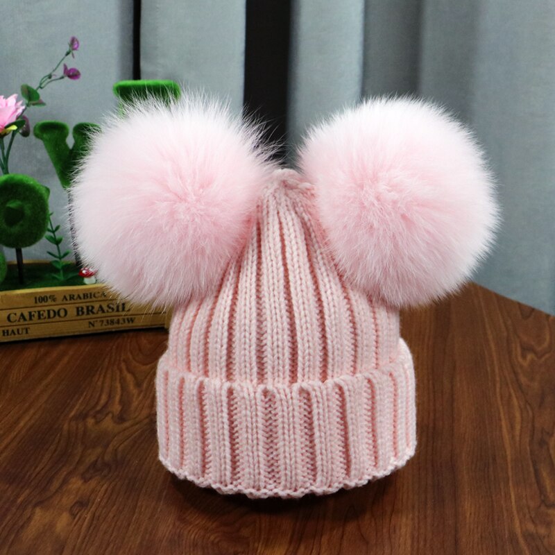 Gorro de dos pompones peludos de invierno para niños, gorro bonito tejido para niñas y niños, gorro cálido de punto para Gorros de bebé, gorro cálido para niños