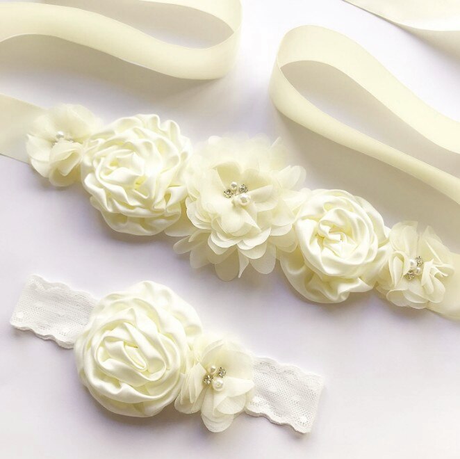 Boda de cinturón faja Floral cinturones de vestido para mujer de la boda de novia de flor Flor de cinta de raso cinturón con diadema bebé: ivory