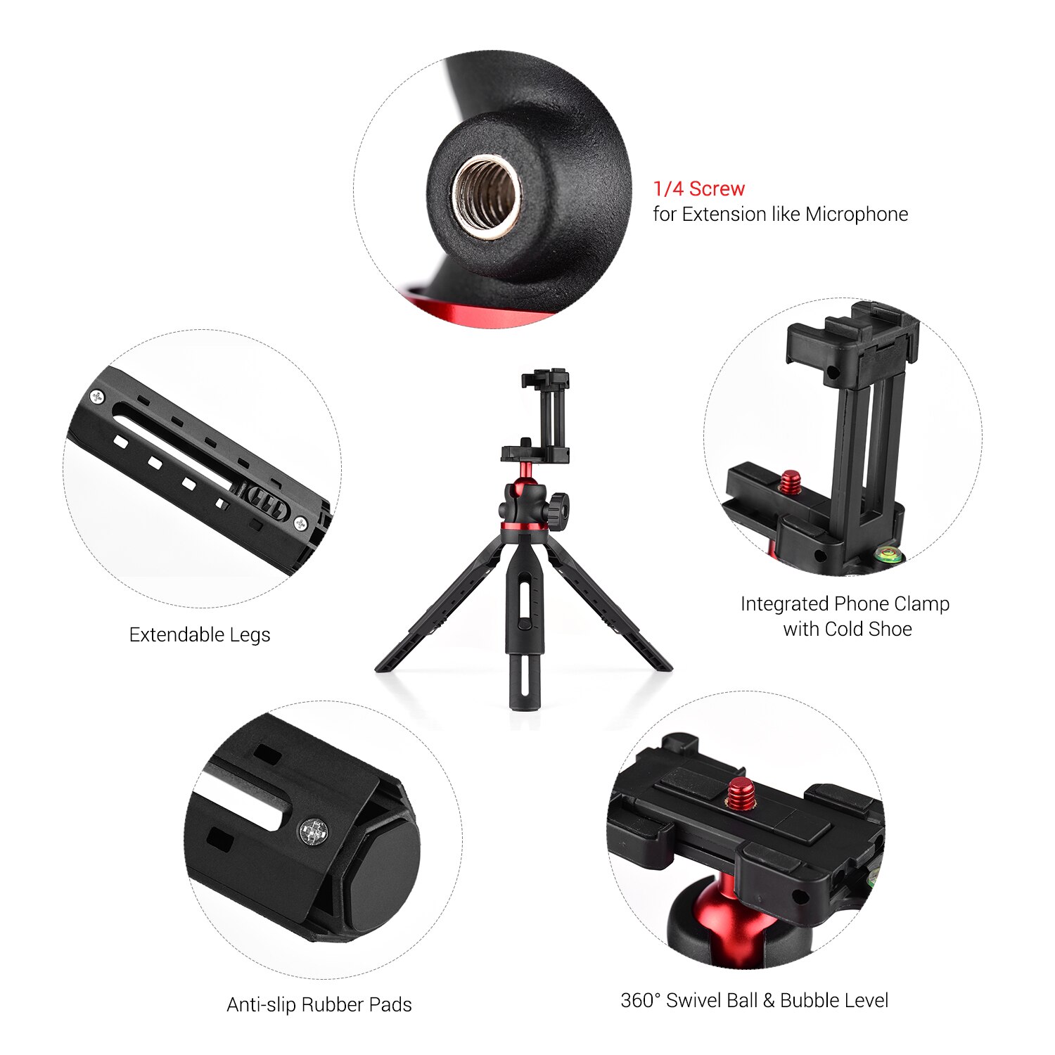 Height Adjustable Phone Table Tripod Stand 360 Horizontal with 1/4 Screw Phone Clamp Cold Shoe Mount with Bubble Level