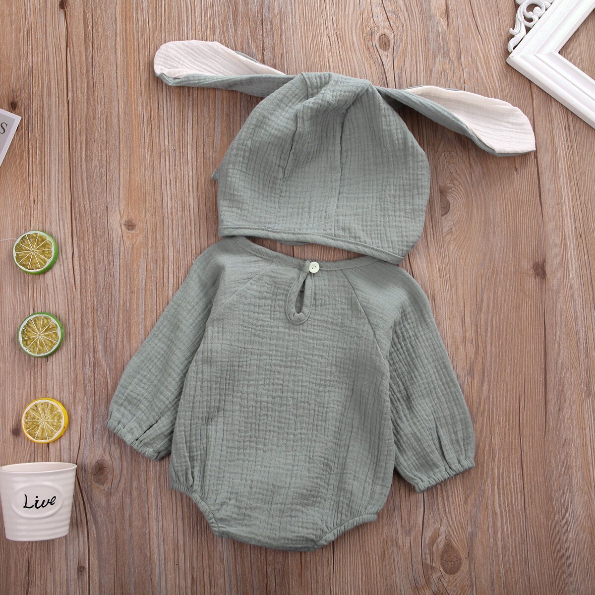 Carino Orecchie di Coniglio corpo da Neonato Ragazze corpo e Tutine Del bambino Del Cotone Vestiti A Maniche Lunghe Tuta + Cappello vestito infantile Della Tuta Della Ragazza