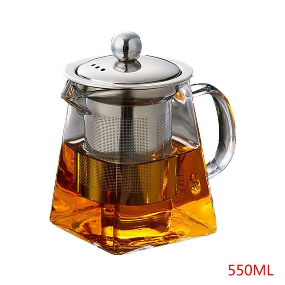 Tetera de vidrio de borosilicato transparente de 4 tamaños, con Infusor de acero inoxidable 304, colador de calor, herramienta de tetera cuadrada para café: 550ML