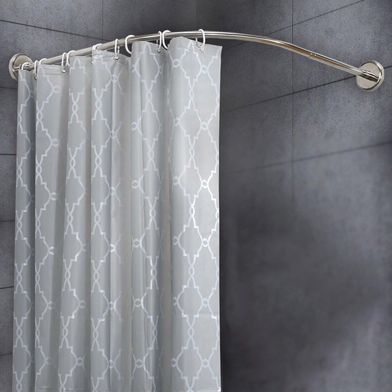 Extendable Curved Shower Curtain Rod Silver L Shaped Stainless Steel Shower Curtain Poles Punch-Free Bathroom Curtain Rail 3Size