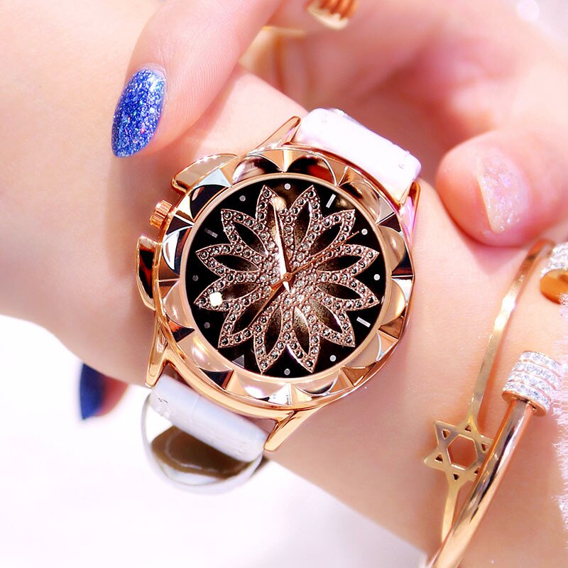 1PCs Rhinestone Women Quartz Watches Ladies Watch Leather Big Dial Crystal Diamond Flower Clock Bracelet Wrist Watch: White