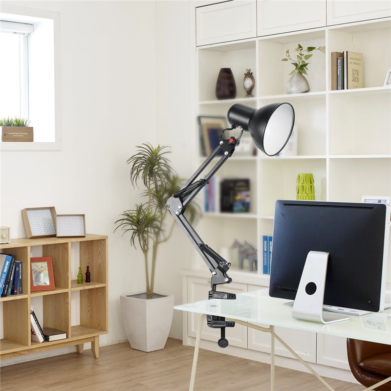 Hjem eu oss plugg fleksibel svingarm klemmemontering lampe kontor studio  e27/e26 pære bord svart skrivebordslys  ac85-265v ledet pære lamper