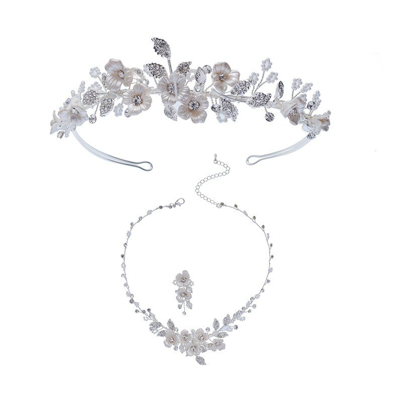 Delicate Bridal Sieraden Sets Porselein Bloem Vrouwen Ketting Oorbellen Set Wedding Party Tiara Accessoires: one set