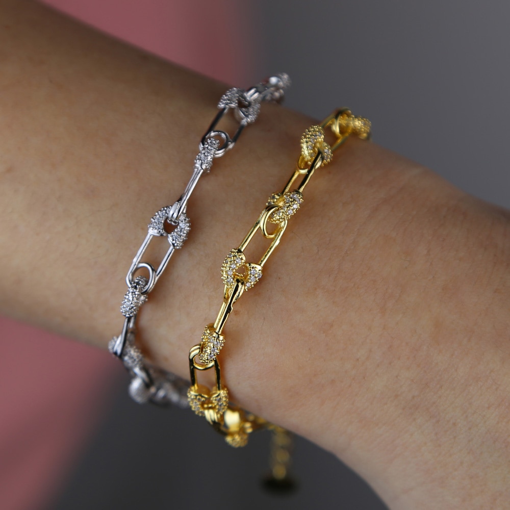 Gold silver color 5A sparking bling cz safety pin link chain bracelet for women 15+4cm extended