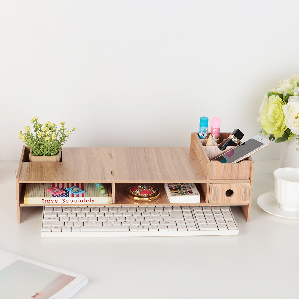 Houten lcd-desktopmonitorstandaard met verhoger voor bureau-organizer voor imac laptop pc