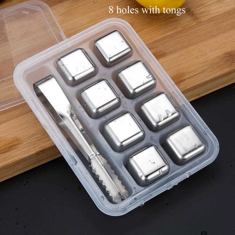Ice Cube Maker Square Shape Mould Ice Tray DIY Tool Whiskey Wine Cocktail Ice Cube 304 Stainless Steel Mold Bar Tool 4/6/8 Hole: 8 holes with tongs