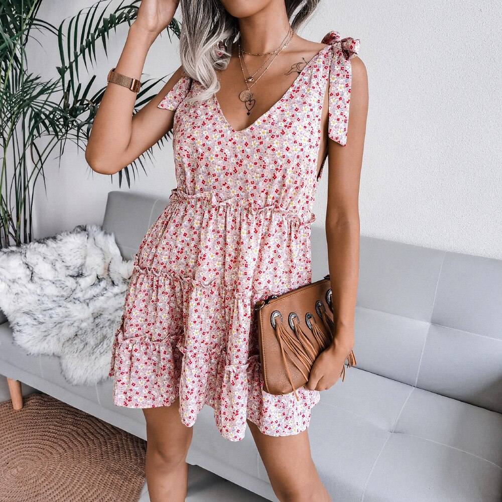 Jurken Voor Vrouwen 2022 Zomer Korte Mouw Bloemen Jurk Strap V-hals Casual Stijl Chiffon Jurk Mode Jurk