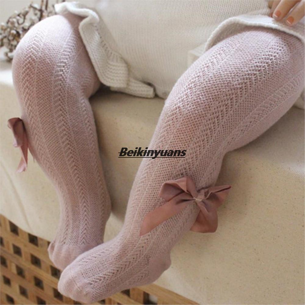 Medias de malla de verano para niña, transpirables pantimedias de algodón suave, con bonitos lazos, Color sólido