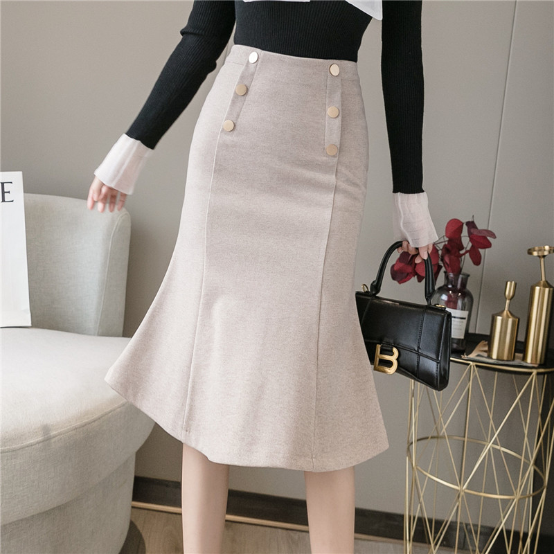 Jupe trompette en laine, mi-longue, élégante, décontractée, taille haute, enveloppée dans les hanches, collection automne hiver , A231: Abricot / XL