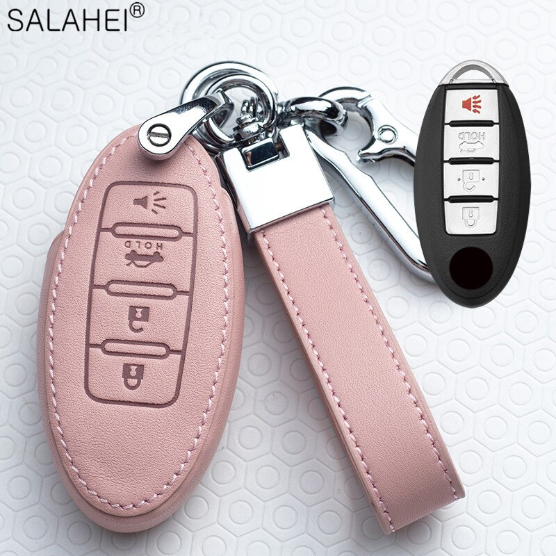 Leather Car Key Cover Case For Nissan Qashqai J10J11 X-Trail t31t32 kicks Tiida Pathfinder Murano Note Juke Infiniti For Car: D-pink