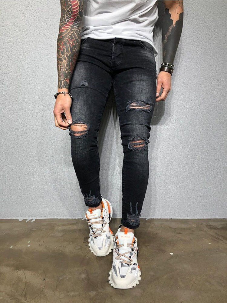 Reppunk svart stretch skinny fit jeans herr knä slitna nödställda hål biker jeans byxor hip hop street stor storlek xxxl: Xl