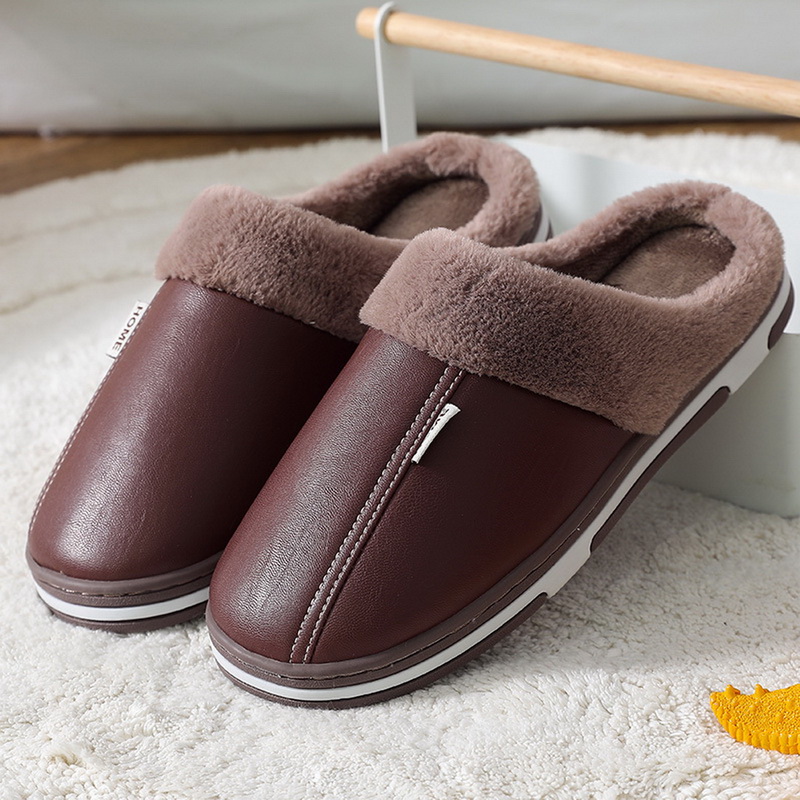 Men's Slippers Home Winter Plush Waterproof Leather Warm Shoes Thick Bottom House Slipper Man Indoor Cotton Slippers Women Shoes: A-5 / 44-45